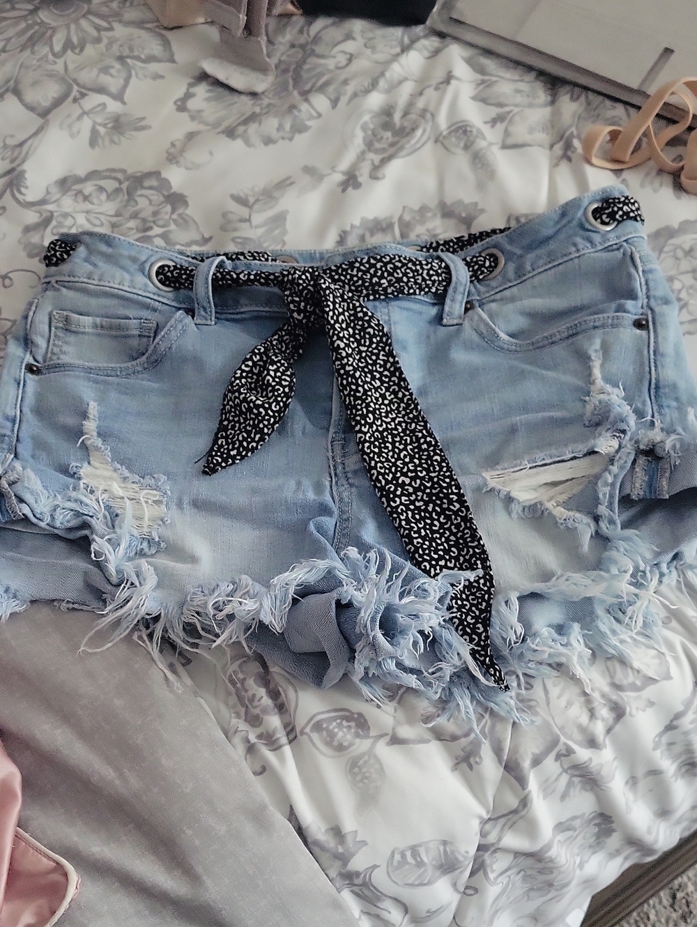Altar'd State Light Blue Distressed Jean Shorts with Black Patterned Tie